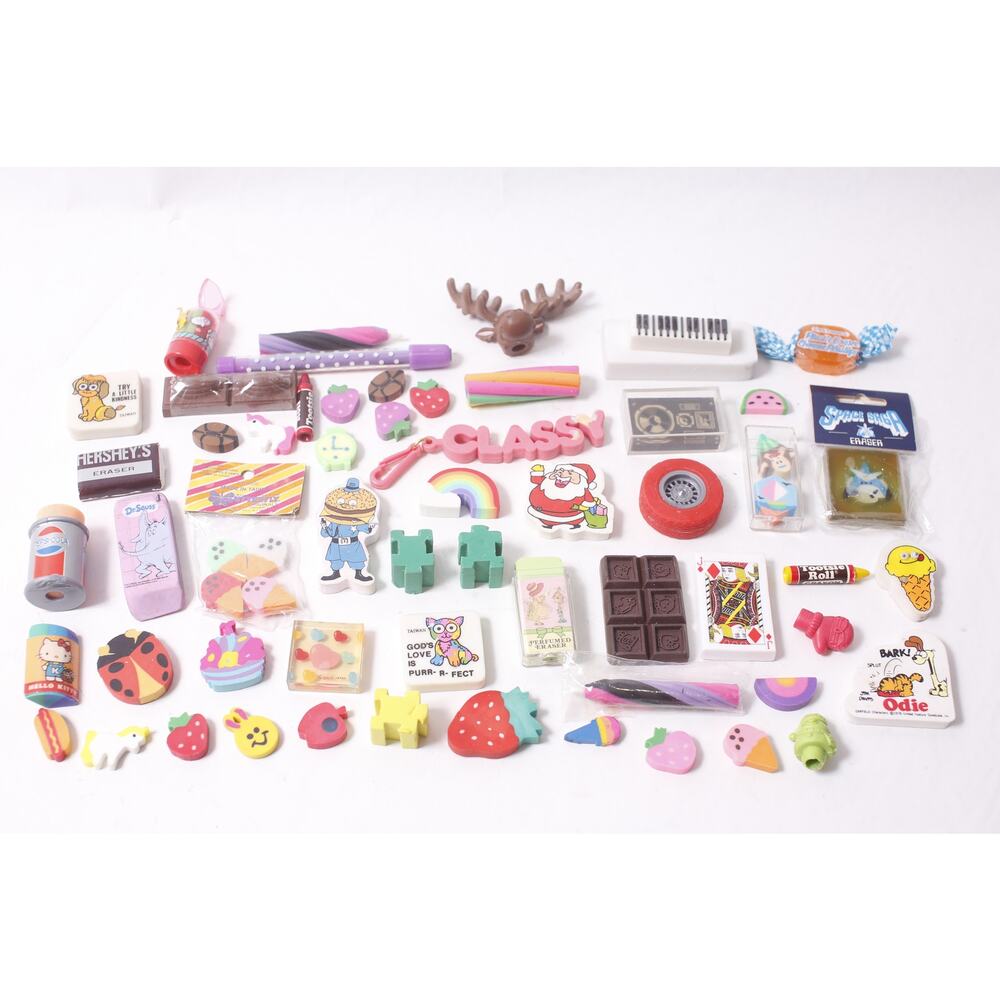 80s Vintage Eraser Lot Hello Kitty McDonald's Garfield Dr Seuss Hershey's